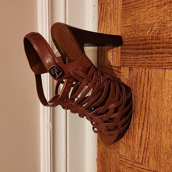 Ralph Lauren leather platform sandals, sz. 7& 1/2 B, deep tan colour. - Picture 4 of 7